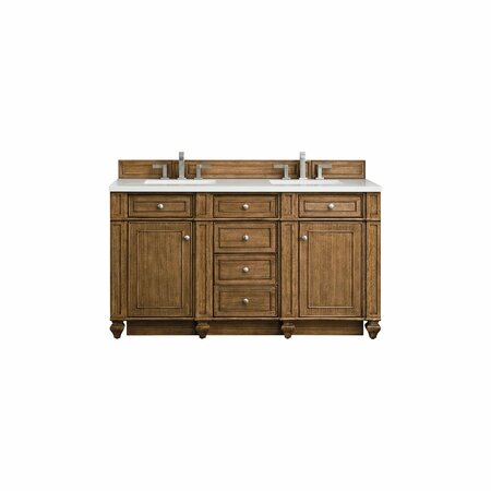 JAMES MARTIN VANITIES Bristol 60in Double Vanity, Saddle Brown w/ 3 CM White Zeus Quartz Top 157-V60D-SBR-3WZ